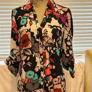 Express Red and Pink Button Down Blouse with Notched Collar